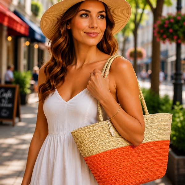 Straw Tote: Woven Wheat Straw Tote - 2 Tones - Orange - BG-R11053OG
